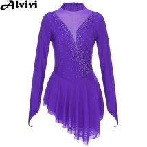 Frauen Eiskunstlauf Gymnastik Trikot Kleid Lyrical Dance Ballett Kostüm Langarm Glänzenden Strass Sheer Mesh Dancewear