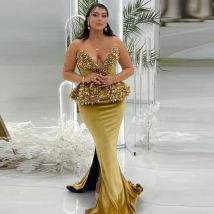Olśniewająca Sukienka Balowa Syrena z Koralikami Aso Ebi Dekolt w Serek Falbana Rozcięcie na Boku Suknie Wieczorowe Damskie Sukienki na Formalne Okazje i Imprezy