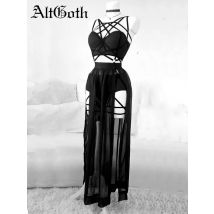 AltGoth Gothic Nachtclub Sexy Rock Set Frauen Durchsichtig Mesh Backless Crop Tops Emo Alt Punk Hohe Taille Unterhose Rock 3 stücke