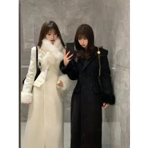 Modischer High-End-Wollmantel aus Filz für Damen, Winterkleidung, Revers, zweireihig, strukturierte Taille, geraffte Mäntel mit Pelzkragen