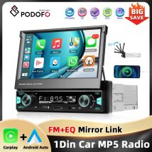 Podofo 7'' 1Din einziehbarer Bildschirm EQ Sound FM/AM/RDS Multimedia Player Carplay Android Auto Bluetooth Typ-C USB SWC Auto Audio