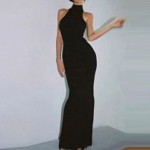 Omsj weibliche elegante Vintage schwarz Sommerkleid einfache Bodycon sexy schulter freie ärmellose abnehmen lange Tank Kleid 2024 neue Outfits