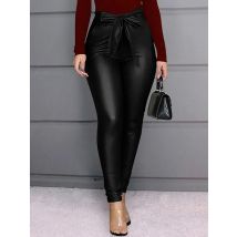 Paperbag-Taillen-Kunstlederhose für Damen, hohe Taille, lässige PU-Bleistifthose mit Gürtel