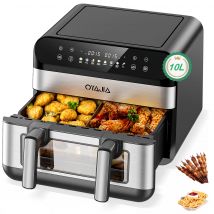OYAJIA Freidora de aire doble 10L XXL, cesta doble individual con divisor y ventanas de fácil visualización, 8 programas, apta para lavavajillas