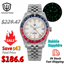 Watchdives WD6542 GMT Automatikuhren NH34 Bubble Sapphire Crystal Luminous 10Bar Wasserdicht Edelstahl 38mm Mechanische Uhr