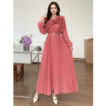 2025 neue Frühling Herbst Frauen Langarm Gürtel Dünne Lange Kleid Hohe Qualität Süße 3D Rüschen Einfarbig Chiffon Plissee Kleid