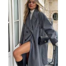 Frau Winter Warme Lange Outwear Chic Elegante Frauen Solide Grau Langarm Taschen Zweireiher Gefälschte Woll Mantel 2024