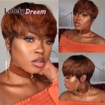 Lolelly kurze Echthaar-Bob-Perücke, honigblond, gemischt, schwarz, gerade, Pixie-Schnitt mit Pony, maschinell hergestellt, natürlicher Look für Frauen