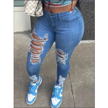 Women's Pocket Ripped Pants High Street Fashion Casual Autumn Solid Color Personalized jeans