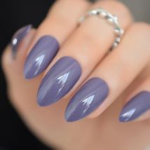 Oval Solid Purple Gray Fake Nails Soft Grey Stiletto False Nail Full Cover Pointed Pure Color with Gel Design Wear Tips