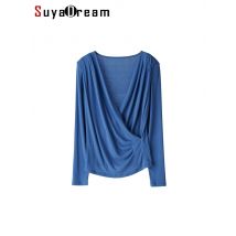 SuyaDream Women's Silk Blend T-Shirt, Wrapped V Neck, Long Sleeved, Ribs Knitted Basic Tee, Monochromatic, 2023 Fall, Winter