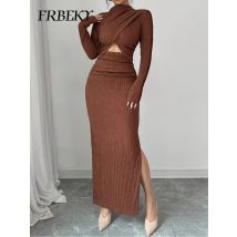 Elegante Damen Kleider Frühjahr Neue Einfarbig Stricken Designer Schlitz Gefaltete Lange Kleider, Figurbetontes Kleid Streetwear Frau Kleidung