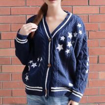 Cardigan da donna Midnights con stelle blu scuro Autunno femminile con scollo a V lavorato a maglia con foglie d'acero ricamate cardigan beige maglione cachi