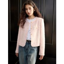 Ziqiao Frauen Tweed Jacken Büro Dame Rosa Kurze Casual Mäntel Rundhals Vorne Schulter Weiblichen Frühling Tweed Mäntel 25ZQ91153