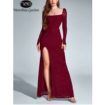 NewAsia Women's Long Sleeve Cut Out Sequin Long Dress Side Slit Backless Bodycon Fashion Club Party Maxi Dresses Wine