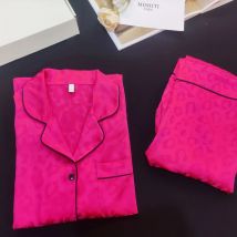 Herbst rosa Langarm Pyjama Top Shorts Set Nachtwäsche Damen Leoparden muster Eis Seide Pyjama 2 Stück Hauskleidung für Frauen