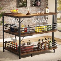 L-förmige Bar-Einheit für zu Hause, 3-stufiger Likör-Bartisch mit Ablageflächen und Weingläserhalter für Zuhause, Küche, Kneipe, rustikales Braun