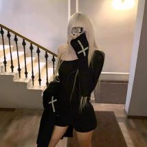 Gothic Retro Sweet Street Fashion Casual Damen Top Fashion Cross Print Punk Slim-Fit Langarm T-Shirt Y2K Kleidung