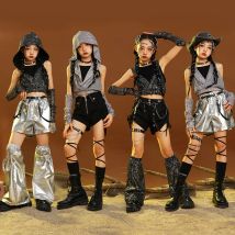 Mädchen K-Pop Pailletten Crop Top Glänzende Silber Leder Röcke Kinder Hip Hop Streetwear Kleidung Set Kind Jazz Mädchen Gruppe Bühne kostüme