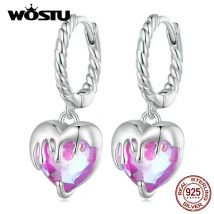 Wostu Stelring Silber Punk geschmolzene Liebe Herz Tropfen baumeln Ohrringe Frauen rosa Kristall Herz Creolen Ohrring Hochzeits schmuck