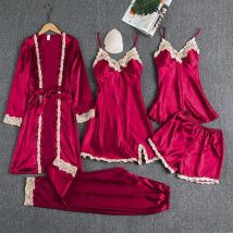 2025 Luxus Satin Pyjama Set 5 Stück Damen Seidige Nachtwäsche Spitzenbesatz Robe Nachthemd Cami Shorts Hosen Elegante Loungewear Neu Heiß