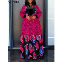 Plus Size 5XL VONDA Women Long Dress Vintage Long Sleeve Sundress Fashion V Neck Party Vestidos Casual Loose Robe Oversized