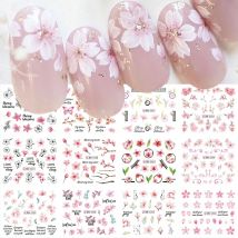 12 adesivi per unghie con fiori Sakura di design, fiori di ciliegio rosa, decalcomania per cursore per unghie, foglie floreali, decorazione per manicure primaverile fai da te
