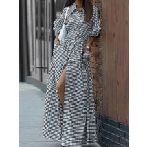 UOOZEE Frauen Koreanische Mode Baumwolle A-linie Revers Hemd Kleid 2025, Neue Frühling Flare Ärmeln Taschen Plaid Abend Maxi Kleider