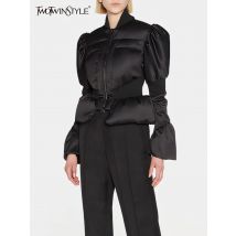 TWOTWINSTYLE Solid Slimming Coats For Women Stand Collar Flare Sleeve Patchwork Zipper Minimalist Tunic Jackets Female Fashion
