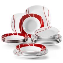 MALACASA Series Felisa Set da pranzo in porcellana a strisce rosse da 18 pezzi con servizio di piatti per zuppa da 6 * Dessert per 6 persone