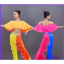 2 Stück Latin Dance Kleider Ballsaal Rüschen Top Fransen Quasten Kleid Hosen Fransen Salsa Samba Kostüm Kinder Latin Dance Kleidung