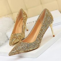 Women 7cm 9.5cm High Heels Bling Pumps Wedding Bridal Scarpins Sparkly Heels Lady Party Sequins Nightclub Evening Gold Red Shoes