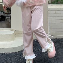 Sweet Lolita Style Pink Bow Corduroy Pants Women Kawaii Ruffles Side Bandage Wide Leg Pants High Waist Sweatpants Cute Trouser