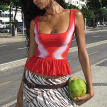 CUTENOVA Damen-Tanktop mit U-Ausschnitt, sexy Rüschen, schmal, ärmellos, Farbkollisionsdruck, lässiges Tanktop, Sommer, verspielte, energiegeladene Tanktops