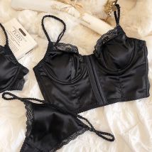 2-teiliges sexy Damen-Unterwäsche-Set, Spitze, ultradünnes BH-Set, französischer Seidenstoff, Oberteil mit Schnalle vorne, Push-Up-Büstenhalter, Tangas, Dessous