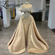 Dubai Champagne Off Shoulder Mermaid Evening Dresses with Detachable Train Crystals Formal Wedding Dinner Party Gowns Customized
