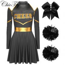 Damen Erwachsene Cheerleader Cosplay Kostüm Halloween Cheerleading Uniform Langarm Cheer Up Tanzkleid mit Bommeln Haargummi