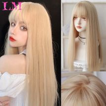 LM Blonde Lange Gerade Synthetische Perücken für Frauen Bunte Cosplay Party Kunsthaar mit Pony Blonde Perücke HighTemperatureBlonde