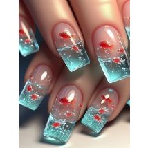 24pcs Square Stick-on Nails Set Goldfish Nail Tips Cheap Nail Seal Summer Beautiful false Nails Wholesale Holiday Press on Nails