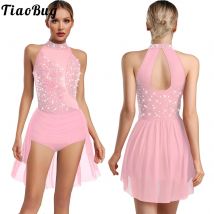 Women Leotard Figure Skating Dress Lyrical Modern Dance Costume Sleeveless Sheer Mesh Skirt Bodysuit Dress Performance Dancewear