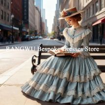 Maßgeschneidertes elegantes blaues Abendkleid mit langen Ärmeln, Spitze, plissiert, mittelalterliche Ballkleider für Frauen, Quinceanera-Partykleider