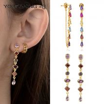 925 Sterling Silver Ear Needle Colorful Water Drop Chain Stud Earrings for Women Tassel Pendant Piercing Earring Jewelry party
