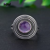 8MM Round Natural Amethyst Rings Women's S925 Sterling Silver Ring Gemstone Jewelri Wholesale Vintage Style Fine Jewelry
