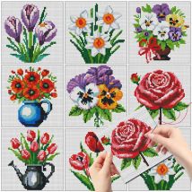 Evershine 8pcs Mini Flower Cross Stitch Vase Pattern No Frame Printed Canvas New Arrival Embroidery Rose Lily Design Child Gift
