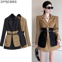 Neue 2025, Frühjahr Blazer Für Frauen Patchwork Farbe Koreanische Mode Mantel Und Jacke Frauen Mit Gürtel Outwears Minimalistischen Blazer