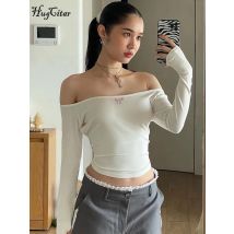 Hugcitar 2024 Solide Slash Neck Langarm Pailletten Bowknot Backless Sexy Crop Top T Shirt Frühling Frauen Kawaii Party Outfit
