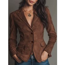 Women's Elegant Vintage Faux Suede Leather Blazer, Brown Single-Breasted Slim Fit Jacket, Office Casual Outerwear for Ladies