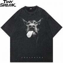 Hip Hop Gewaschen Schwarz T-Shirt Streetwear Grafik Dobermann Hund T Shirt Baumwolle Hipster Männer T-shirt Harajuku Tops Tees Unisex