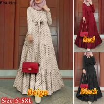 Neues 2026-Damen-Muslim-Polka-Dot-Langarmkleid, stilvolle Gürtel, Party-Robe, lockeres Maxikleid, muslimische Frauen, Dubai, türkische Bescheidenheit