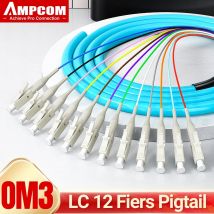 AMPCOM Glasfaser-Pigtail-Baugruppen, 12 Fasern LC OM3 Multimode 50/125 μm LSZH UPC-Pigtails für Fusion Splice Tray 1,5 m